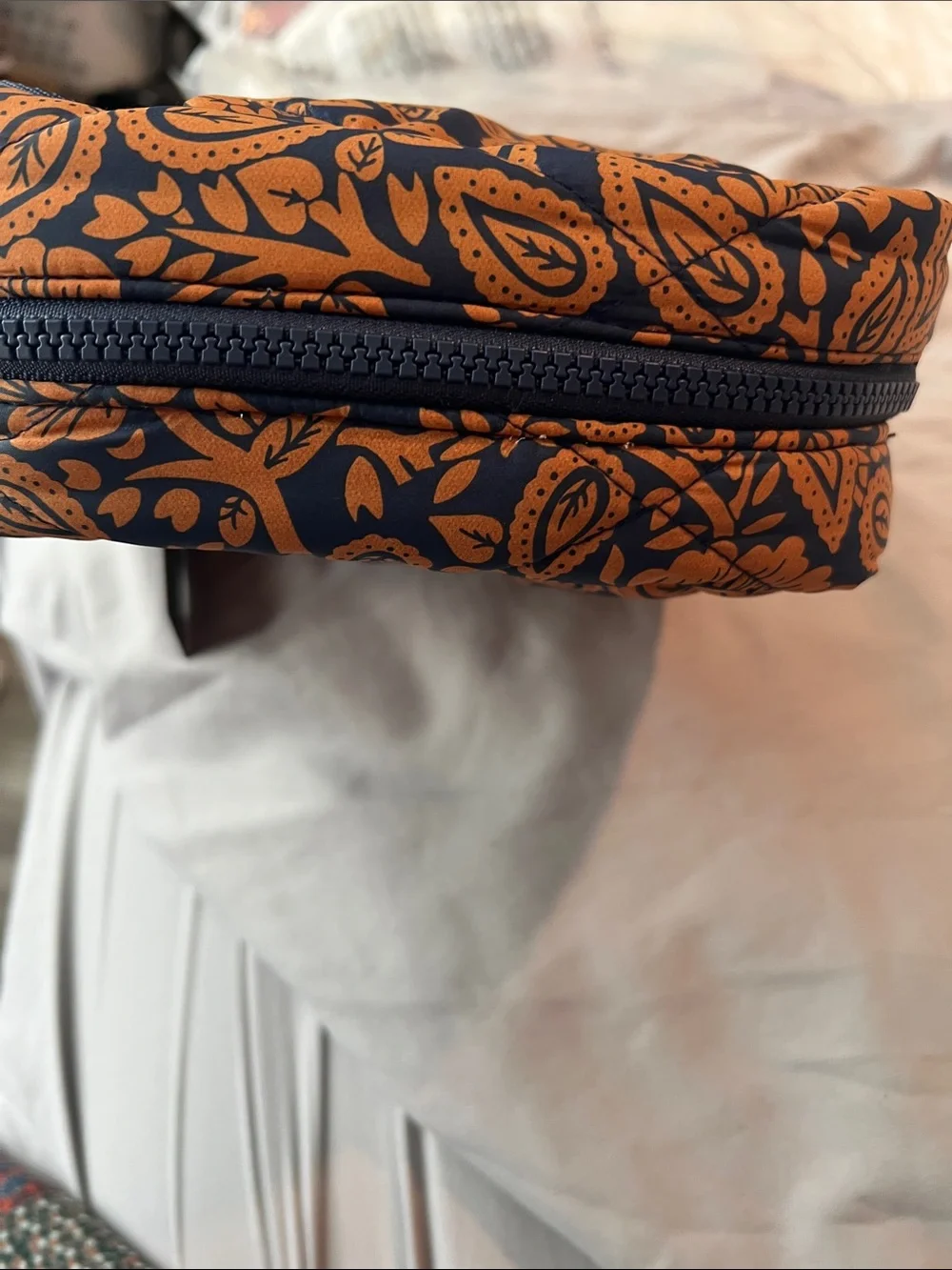 Vera Bradley Navy and Orange Floral Pouch with Green Pull